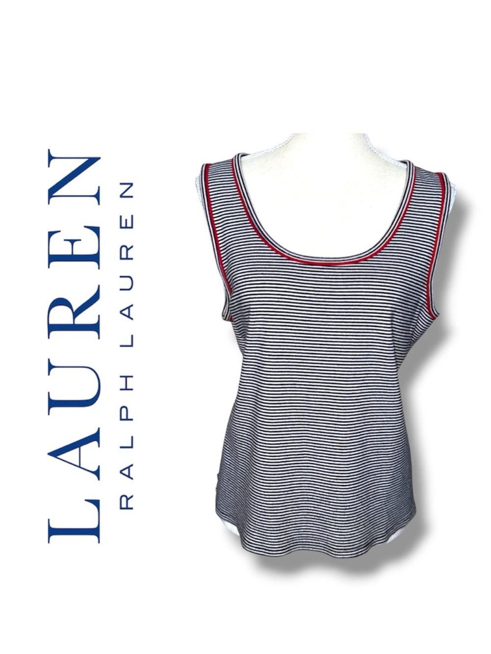 Lauren Ralph Lauren Navy & White Striped Tank Red Trim Plus Size Casual Classic